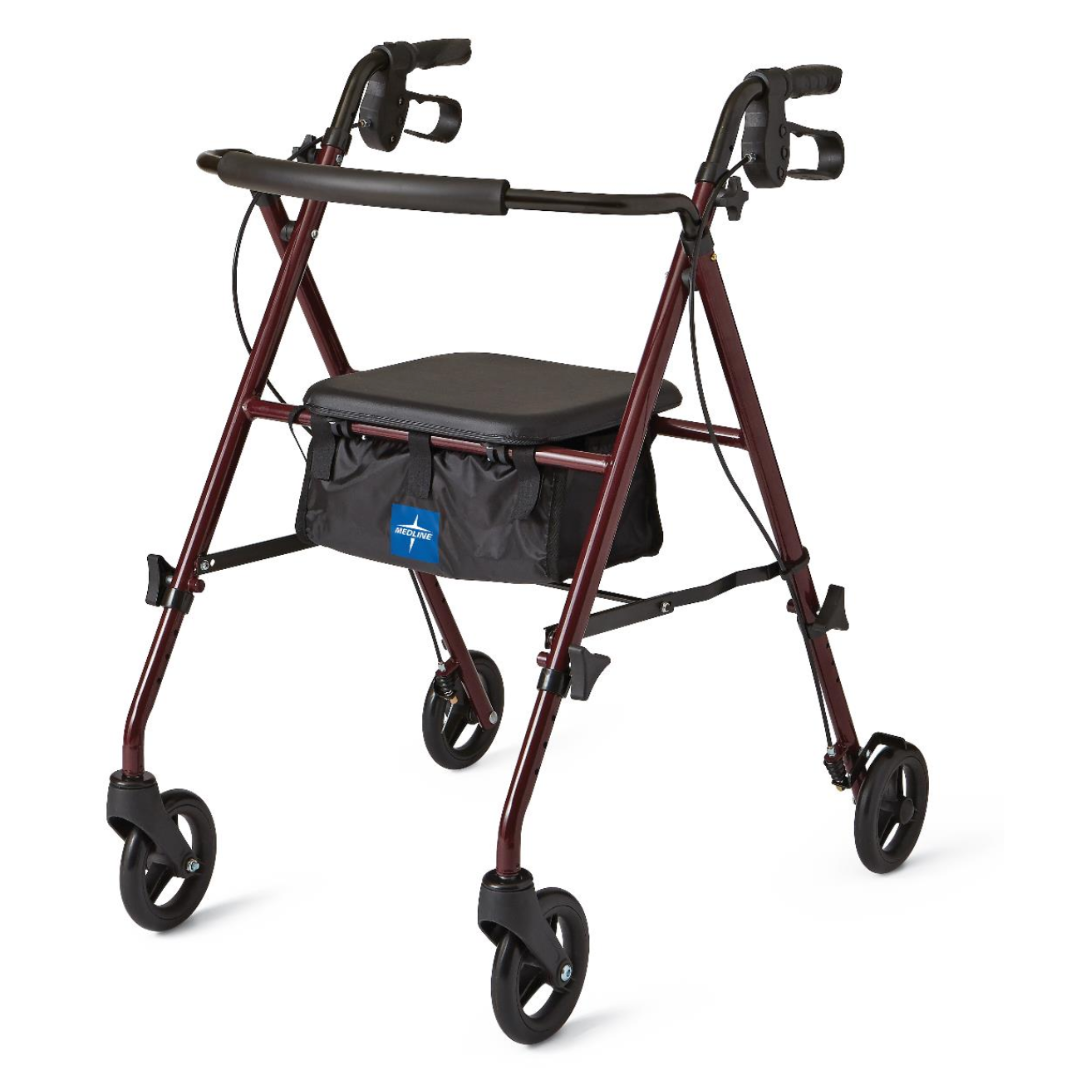 The Medline Basic Lightweight Steel Folding Rollator is a red, four-wheeled walker with hand brakes, a black seat, and adjustable handles. It features a compact folding design with an under-seat storage pouch and a sturdy frame for reliable mobility assistance.